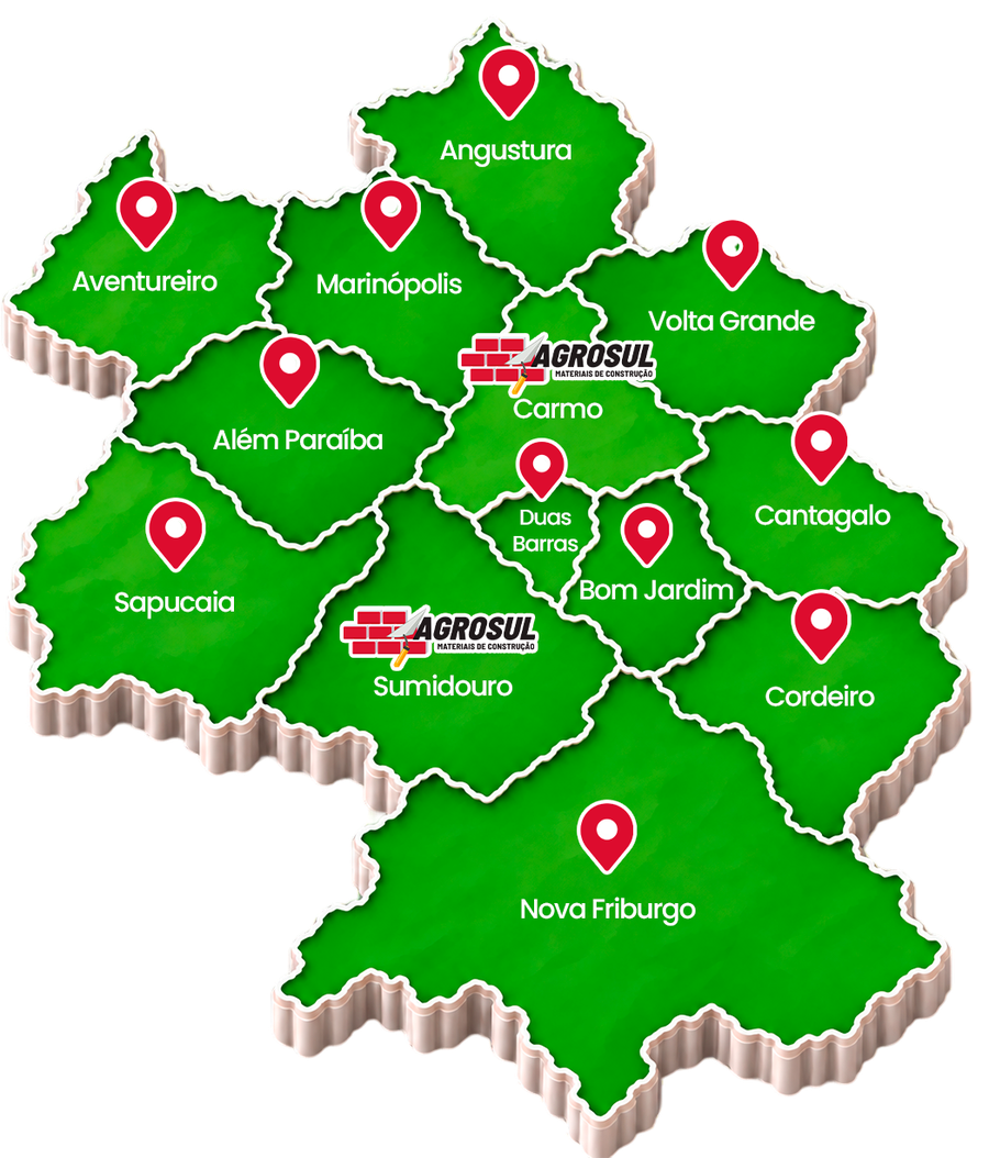 Mapa das cidades onde a Agrosul entrega: Sumidouro, Carmo, Além Paraíba, Sapucaia, Volta Grande, Angustura, Aventureiro, Marinópolis, Duas Barras, Bom Jardim, Cantagalo, Cordeiro e Nova Friburgo